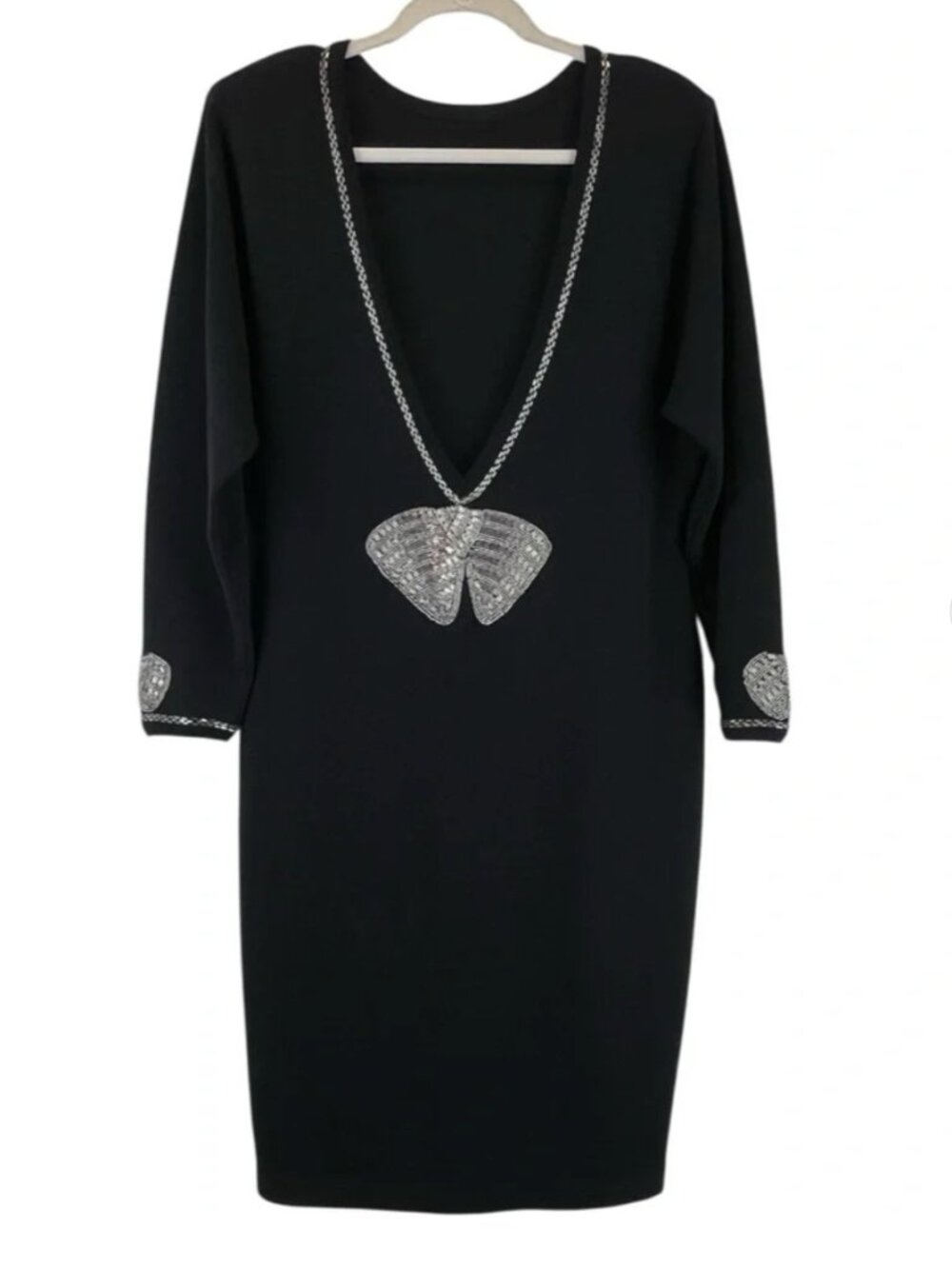 Vintage 100% Wool Lightweight Beaded Bows Cocktail Dress Black by ICE Sz L